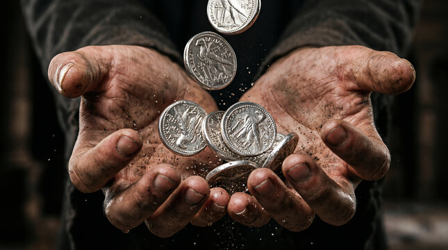 Judas Iscariot secretly receiving the thirty pieces of silver from the wealthy, plotting high priests in a dark temple room