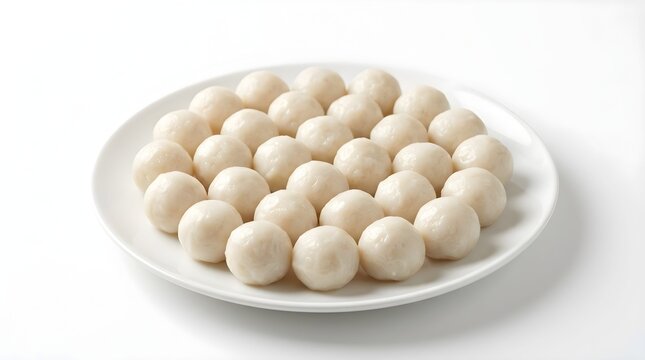 White fish balls arranged on a round plate against a clean white background