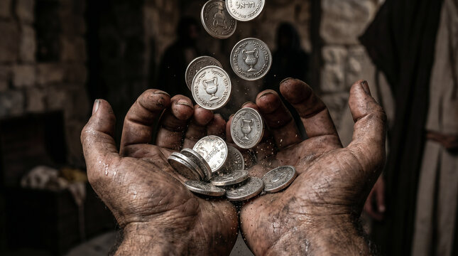 Judas Iscariot secretly receiving the thirty pieces of silver from the wealthy, plotting high priests in a dark temple room