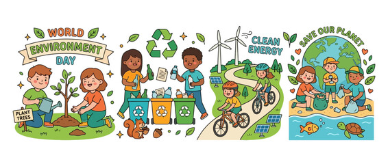 Fototapeta premium Children Illustrate World Environment Day: Planting, Recycling, Clean Energy, Saving Planet