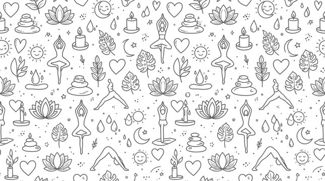 Yoga and Wellness Seamless Doodle Pattern with Meditation Icons and Zen Symbols in Line Art Style