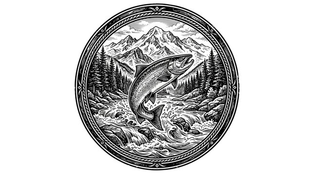Vintage woodcut emblem featuring a jumping salmon in a mountain river landscape