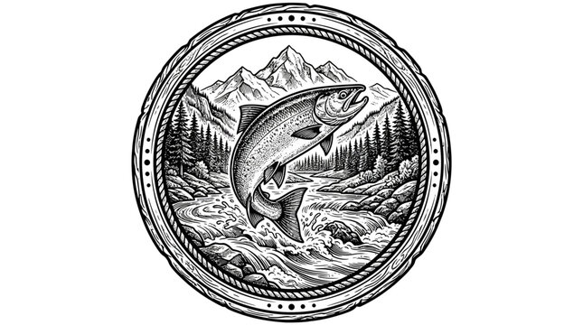 Vintage woodcut of jumping salmon in mountain river landscape