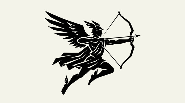 Winged Ancient Greek God Archer Silhouette Vector Illustration