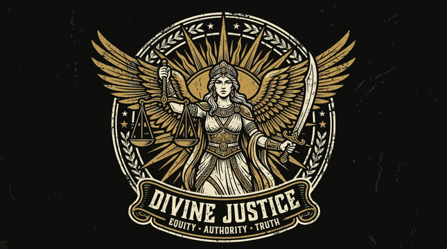 Divine Justice Goddess Emblem with Scales and Sword in Vintage Circular Graphic Style