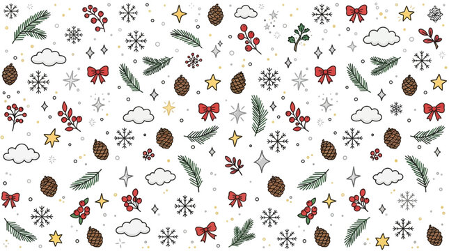 Hand-drawn winter seamless pattern with pine cones, fir branches, snowflakes, and festive berries