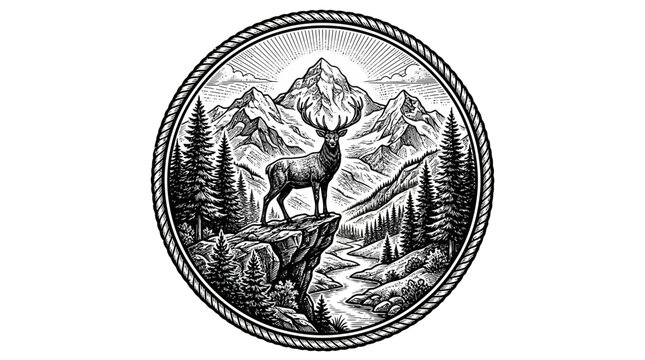 Vintage stag standing on rocky cliff with mountain landscape in engraving circular frame