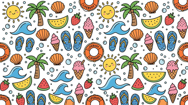 Seamless Summer Vacation Pattern with Cute Hand Drawn Beach Doodles and Tropical Travel Elements