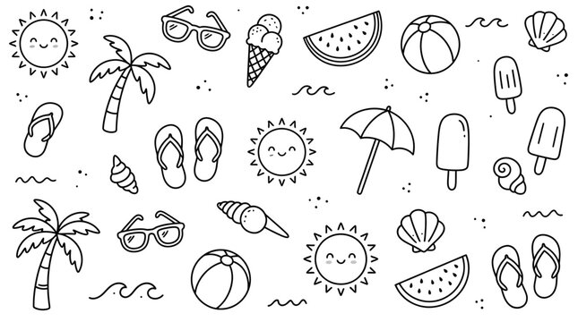 Minimalist summer beach vacation doodle icon set with sun, palm trees, and tropical elements.