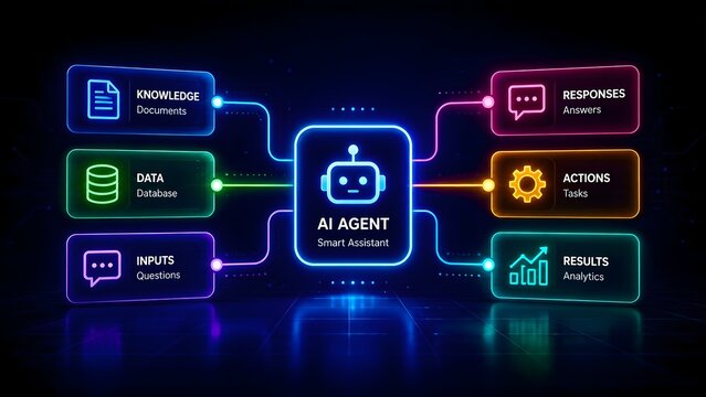 Futuristic AI agent smart assistant block diagram concept with glowing neon flowchart for machine learning data analytics.