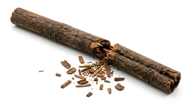 Broken piece of dried tree bark log showing inner splintered wood fragments isolated on background