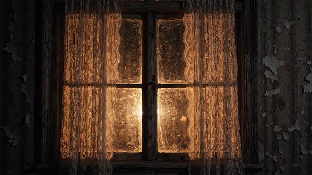 Lace curtain sliding slowly across old illuminated window