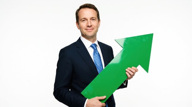 Smiling businessman holding a large green arrow indicating growth and success