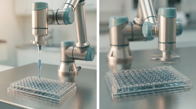 Robotic pipetting arm dispensing samples into a microplate in a lab