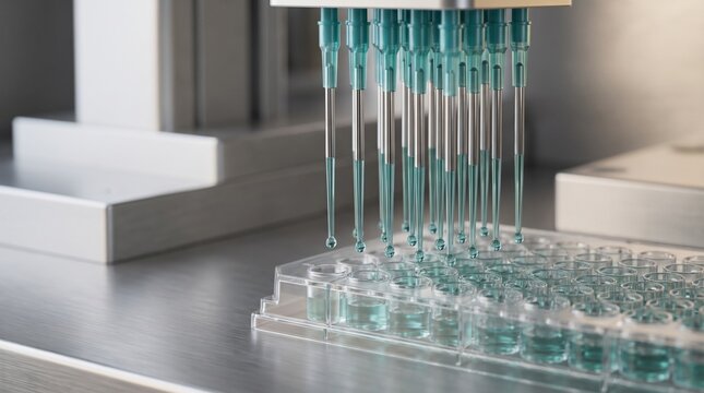 Robotic pipetting arm dispensing samples into a microplate in a lab