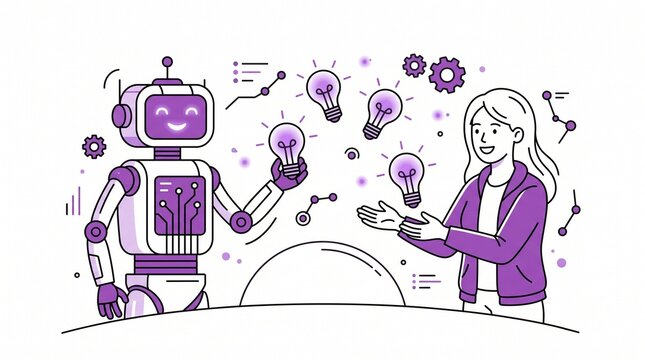 AI innovation concept, friendly robot sharing creative ideas with a smiling woman, artificial intelligence and human collaboration, technology and business solution illustration.