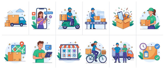 Naklejka premium Delivery Service Icons: Logistics, E-commerce, Shipping, and Courier Collection
