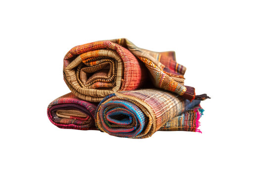 Handwoven traditional textile fabric rolls with colorful geometric patterns, natural woven texture, and fringed edges, isolated on a transparent background