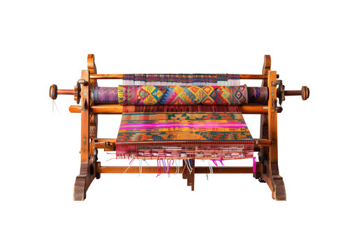 Traditional wooden handloom weaving machine with colorful woven fabric, handcrafted textile equipment, and rustic wooden structure isolated on a transparent background.