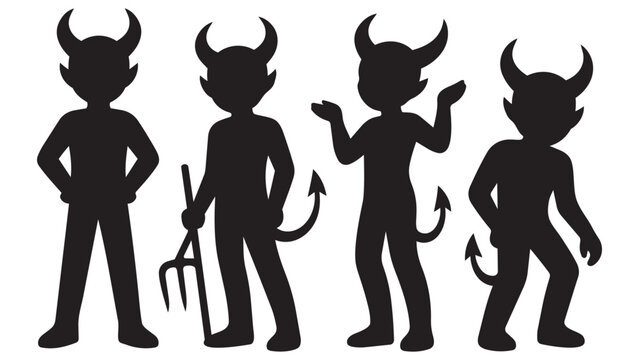 Four cartoon devils with pitchfork and clapping hands
