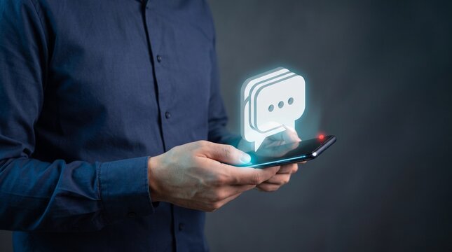 Person holding smartphone with glowing hologram chat icon