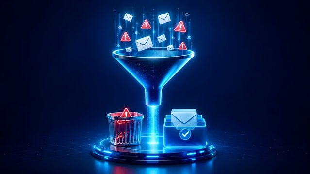 Cybersecurity email filtering concept with a glowing digital funnel separating spam warning messages into a trash bin from safe inbox letters