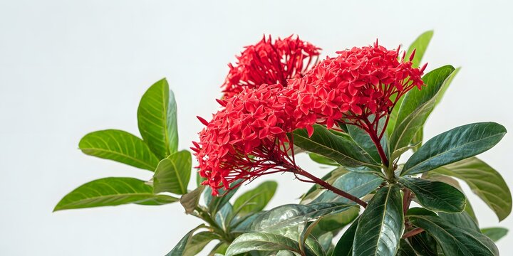 Vibrant red ixora flowers blooming among glossy green leaves against a white background