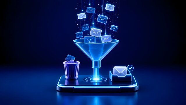 Futuristic digital email filtering system with glowing blue funnel separating safe messages into an inbox and spam into a trash bin