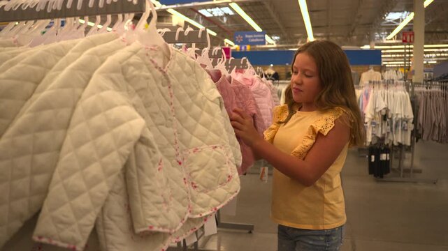 Niña adolescente eligiendo ropa en tienda de centro comercial buscando que le gusta de moda eligiendo las prendas en la boutique consumidor y comprador