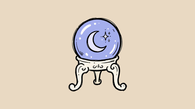 Magic Crystal Ball with Crescent Moon and Stars Illustration on Ornate Stand