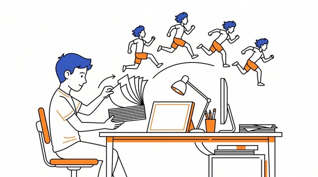 Creative animation process illustration, young man drawing flipbook frames at desk with computer, lamp, and running sequence, white background, for motion graphics or design concepts