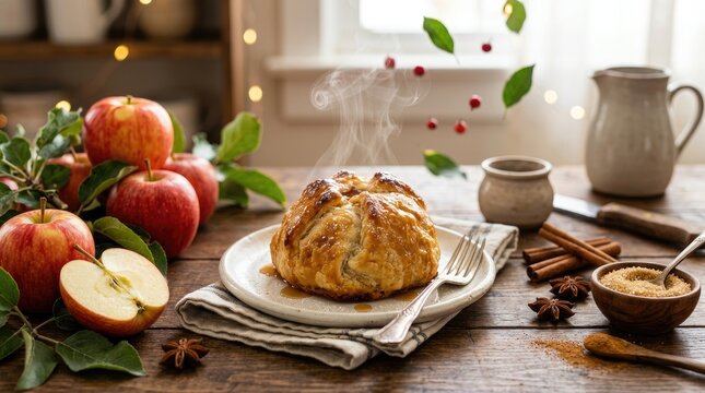 Freshly baked warm apple dumpling with cinnamon and spices on a rustic wooden table