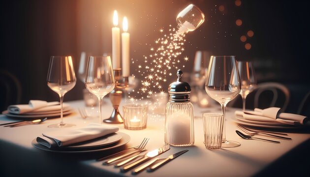 A restaurant table with a salt shaker that pours tiny stars, Ai generated image