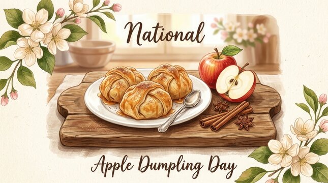National apple dumpling day celebration with fresh baked pastries, apples, and cinnamon sticks