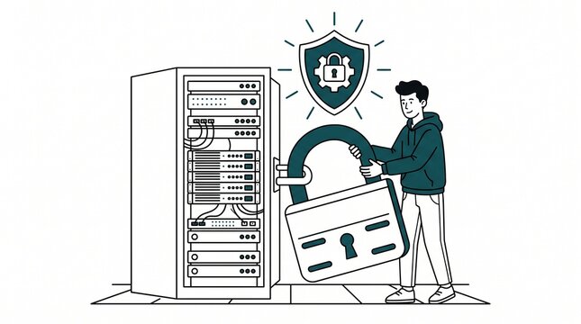 Cybersecurity illustration, man securing server rack with large padlock, data protection concept, network security, digital privacy, white background