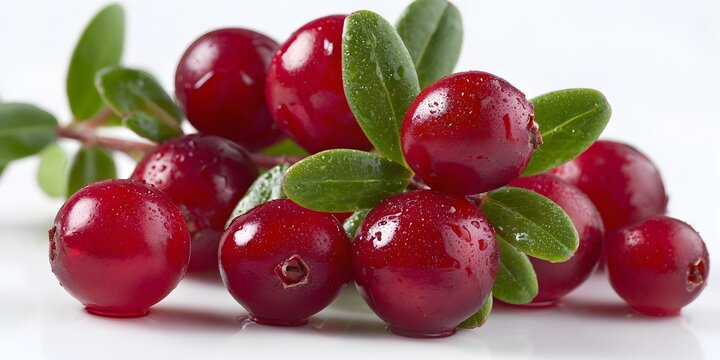 Fresh red cranberries with green leaves are displayed on a clean white surface.