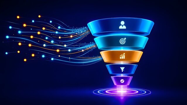 3D glowing sales funnel dashboard infographic showing data stream conversion for business revenue and marketing analytics
