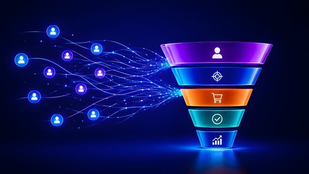 3D glowing sales funnel diagram showing customer data stream and ecommerce marketing conversion journey