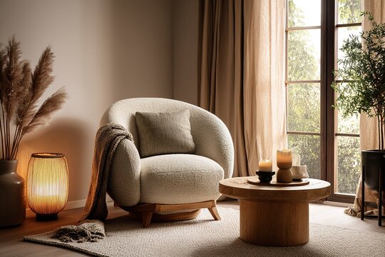 Modern boucle armchair sits in a cozy sunlit living room