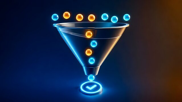 Dark sleek 3D glass funnel filtering glowing neon spheres into a checkmark for business analytics and data processing