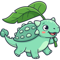 Fototapeta premium Cute cartoon baby dinosaur ankylosaurus holding a large green leaf illustration for kids