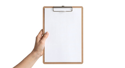 Hand holding wooden clipboard with blank paper sheet © Chanapat