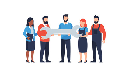 Fototapeta premium Diverse Professional Team Holding a Giant Wrench for Teamwork, Problem Solving, and Technical Support Concept