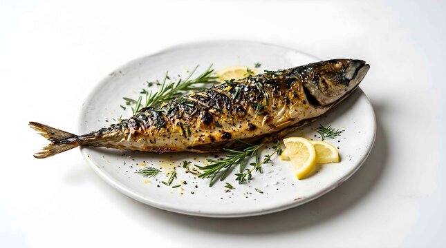 Whole grilled mackerel served with lemon and fresh herbs on a plate
