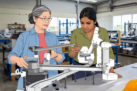 Engineers Collaborating on Industrial Robotic Arm Assembly
