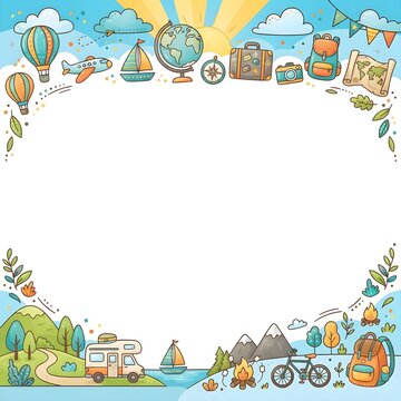 Travel background featuring a blank frame surrounded by travel and camping elements, hot air balloons, globe, RV van, and nature landscape.