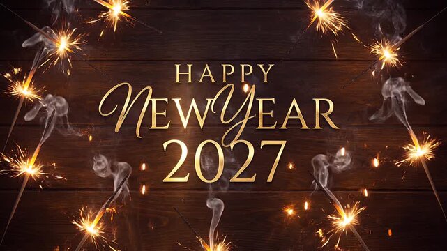 Happy New Year 2027 with Golden Sparklers on Rustic Wooden Background Festive Holiday Celebration