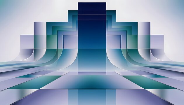 Futuristic digital architecture and sci-fi tech interior hall. Abstract cyberpunk geometric structure and glowing horizon. Modern virtual corridor with metallic panels and blue gradient
