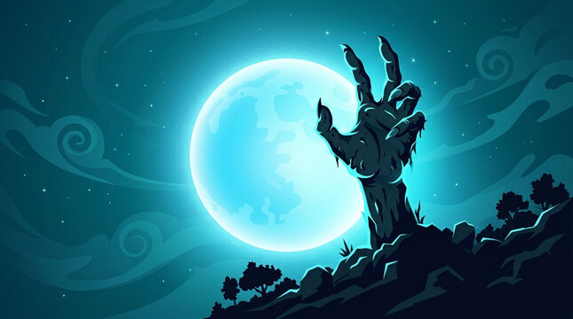 Vector illustration of a decaying zombie hand rising from rocky ground against a large glowing full moon and teal night sky with swirling clouds and silhouettes of trees.