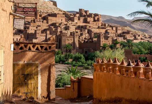 The magnificent fortified city of Ait Benhaddou, located in the High Atlas Mountains in Morocco. The giant fortification is made up of six forts (Kasbahs) and nearly fifty palaces.